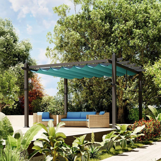 Garvee 10x13 FT Outdoor Pergola for Patio – Wood-Grain Aluminum with Retractable Waterproof Canopy, 4-Side Stability Base for Deck & Backyard