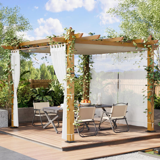 Garvee 10x10 Ft Retractable Outdoor Pergola with Canopy and Side Mesh, Upgraded Wood-Grain Aluminum Pergola, Modern Pavilion for Backyard, Patio, Porch, Grape Trellis, Beige+White