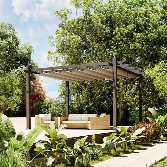 Garvee 10x13 ft Aluminum Pergola with Retractable Canopy – UV & Waterproof, Rust-Resistant Metal Gazebo, 4-Side Anchored, Khaki for Backyard/Deck