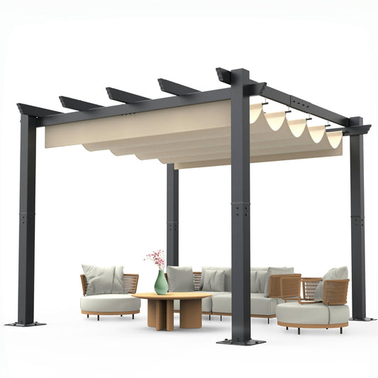 Garvee 10x10 Ft Outdoor Aluminum Pergola with Upgraded Retractable Canopy, Outdoor Shelter Suitable for Gardens, Backyard, Lawn, Deck - Khaki.