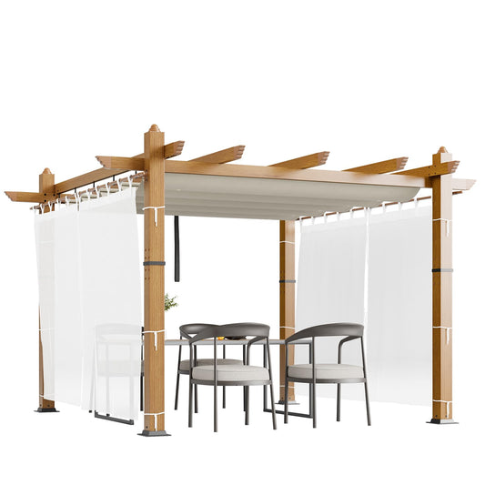 Garvee 10x10 Ft Retractable Outdoor Pergola with Canopy and Side Mesh, Upgraded Wood-Grain Aluminum Pergola, Modern Pavilion for Backyard, Patio, Porch, Grape Trellis, Beige+White