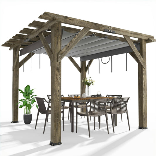 Garvee 10'x10' Wood Pergola with Retractable Canopy - Outdoor Garden & Deck Structure, Solid Build (Charcoal Grey)