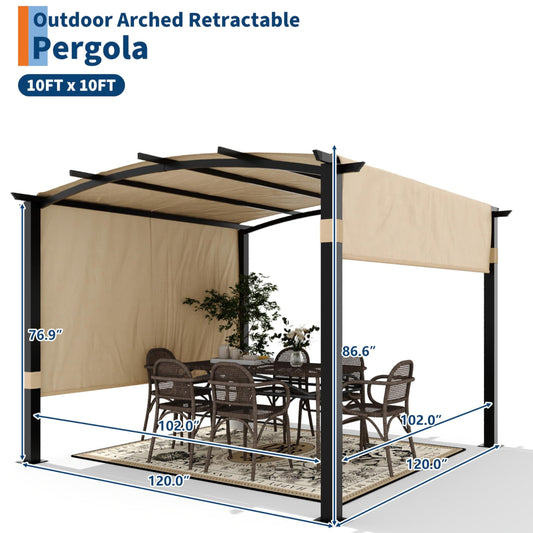 Garvee 10' x 10' Outdoor Arched Pergola, Metal Gazebo with Retractable Sun Shade for Backyards, Lawn, Patios (Khaki)