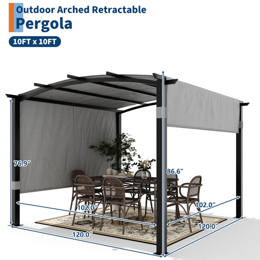 Garvee 10' x 10' Outdoor Arched Pergola, Metal Gazebo with Retractable Sun Shade for Backyards, Lawn, Patios (Grey)