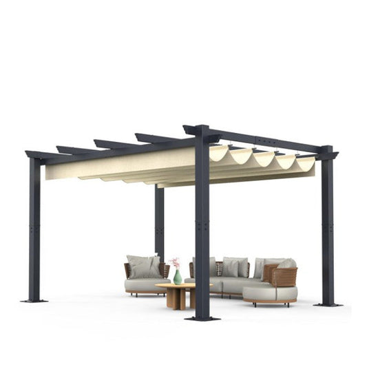 Garvee 10'X 13' Outdoor Pergola with Retractable Sun Shade Canopy, Aluminum Garden Pergola, Patio Metal Shelter for Porch Yard BBQ Beach Grape Trellis-Khaki