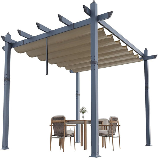Garvee 10x13 ft Aluminum Pergola with Retractable Canopy – UV & Waterproof, Rust-Resistant Metal Gazebo, 4-Side Anchored, Khaki for Backyard/Deck
