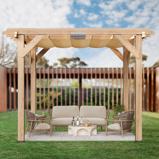 Garvee 10x12 FT Cedar Wood Pergola with Retractable Oxford Fabric Roof, Waterproof, Durable Outdoor Patio Gazebo for Backyard Relaxation